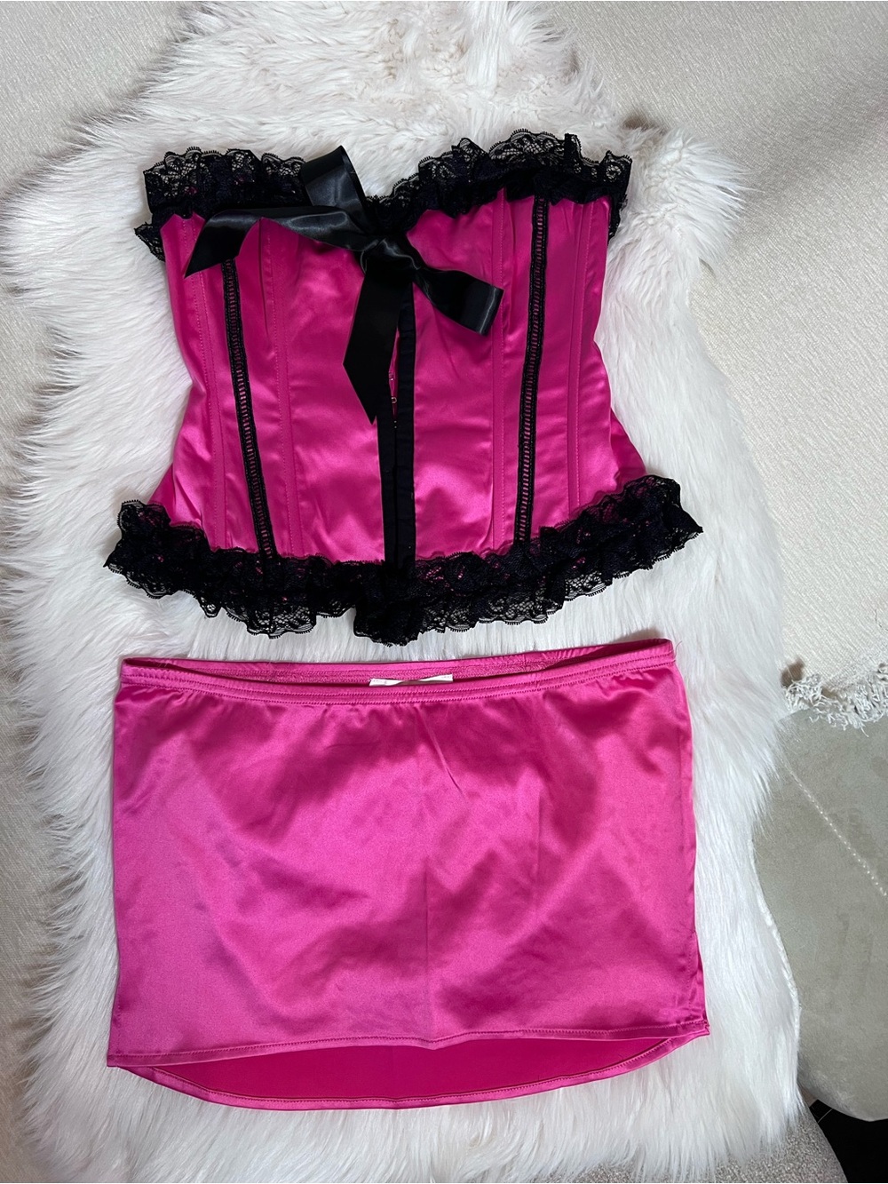 Dolls Kill Hot Pink Satin Mini Skirt with Black Lace Trim Corset Top